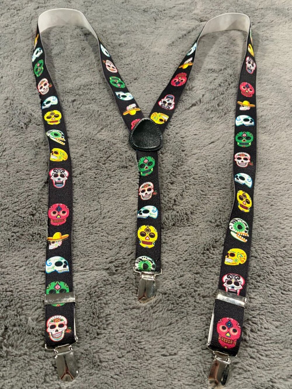 Adjustable black unisex Day of the Dead sugar skull suspenders